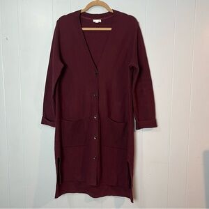 J.Jill Sz Large Sweater Cardigan Ribbed Long Duster Pockets Maroon Burgundy Red